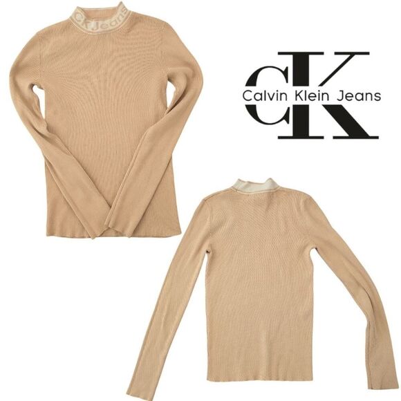 Calvin Klein Ribbed Mock Neck Sweater XS Camel Neutral Minimalist Knit Top - Picture 5 of 5